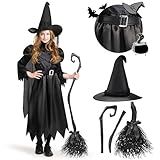 Spooktacular Creations Girls Black Witch Costume, Kids Halloween Outfit Set with Broom, Toddler Witch Dress for Halloween Role Play Themed Parties, M