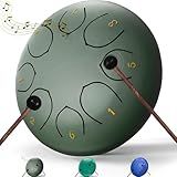 Rain Drum for Outside Garden, 6 Inches 8 Notes Steel Tongue Chakra Drums, Waterproof Meditation Rain Chime, Musical Instruments for Adult Gift with Bag, Music Book, Drum Mallets (Green)
