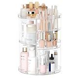 Rotating Makeup Organizer, DIY 8 Adjustable Layers Spinning Skincare Storage, Cosmetic Display Case with Brush Holder and Perfume Tray, Multi-Function Vanity Bathroom Countertop Organizer Clear
