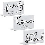 Jetec 3 Pcs Family Home Blessed Rustic Wood Sign Mini Wood Decorative Farmhouse Woodworks Table Shelves Decorations Sign for Bedroom Kitchen Living Room Table Decor(White,4.25 x 2.76 x 0.59 in)