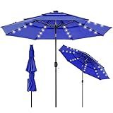 Sweetcrispy 9.2ft Windproof Solar Patio Umbrella, 3-Tier Ventilated Design, 32 LED Lights with Tilt & Crank, Heavy Duty Market Table Outdoor Umbrella for Pool, Beach, Garden,Navy Blue