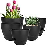 QRRICA Plant Pots 10/9/8/7.5/7 Inch Self Watering Pots, Set of 5 Plastic Planters with Drainage Holes and Saucers,Plastic Flower Pots,Nursery Planting Pot for Indoor Out Door Plants(All Black)