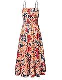 GRACE KARIN Summer Dresses for Women 2026 Vacation,Smocked Floral Maxi Dresses,Boho Beach Long Sundress Navy Brown XXL