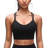 CRZ YOGA Softness Mold Butterluxe Strappy Longline Sports Bras for Women - Double Spaghetti Strap Workout Yoga Crop Top Black Medium