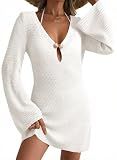 Dokotoo Cover Ups for Swimwear Women Fashion Summer Vacation Bikini Cover Up Dress Knit Long Sleeve Crochet Cut Out Dresses Sexy Deep V Neck Metal Button Swimsuit Coverup for Women White Small