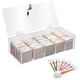 Mczxon Acrylic Locking Currency Tray With 300 Currency Wrappers, 5 Compartment Clear Cash Organizer Money Storage Box with Lockable Cover for Cash, Moneyboxes Currency Cash Holder for Money