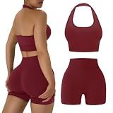 Womens Workout Sets 2 Piece Halter Sports Bra Scrunch Shorts, Red M