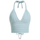 Naileksi Women Lace Up Backless Crochet Crop Halter Top Y2k Slim Fit Sleeveless V Neck Self Tie Back Knit Crop Cami Top Mint Blue