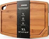 Astercook Large Bamboo Cutting Board, Deep Carbonized Wooden Chopping Board with Juice Groove and Handle, Kitchen Prep & Serving Board for Meat, Vegetables, Bread and Charcuterie