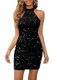 Joyfunear Sexy Sparkly Sequin Halter Mini Dress for Women Club Night Out Black Medium