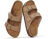 Project Cloud 100% Genuine Leather Flat Sandals For Women 2026 Cork Footbed Womens Sandals with Memory Foam and arch support Vacation Essentials Slides for Women Footwear (Venita, Chestnut, 9)