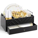 Paper Plate Holders With Drawer.Paper Plate Dispenser Organizer For Utensil Holder For Party.Wood Silverware Utensil Caddy For Kitchen Counter With Handle. Rustic Hosting Essentials For Flatware