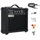 Demusea Electric Guitar Amplifier 20w Guitar Amp Starter Beginner Practice Small Portable Travel Headphone Aux Distortion Gain Treble Bass Volume Noiseless Cable Adapter Pick Aux Cable Earphone (BK)