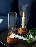NUPTIO Dripless Taper Candle Holders with Wax Catchers: Set of 2 Hurricane Glass Candlestick Holders with Metal Bobeches for Easier Reuse - Brown Wood Modern Table Centerpiece for Outdoor Dinner