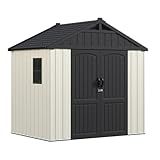 Greesum 8×6 FT Plastic Outdoor Storage Shed with Floor, Resin Sheds with Window and Lockable Door, Weather Resistant Organization for Garden, Lawn, Pool Supplies, Beige