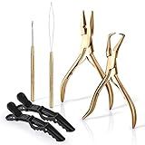 EHDIS Hair Extension Beading Tool Kit Stainless Steel Hair Extensions Micro link Bead Closer and Remover Pliers set, Beads Hair Pulling Hook & Micro Ring Loop Tool Set (Gold)