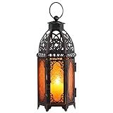 DECORKEY Moroccan Lanterns Decorative Indoor & Outdoor, 11’’ Medium Size Vintage Metal Hanging&Tabletop Candle Holder Decor, Halloween Christmas Ramadan Decorations for Home Porch Patio (Amber)