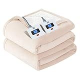 SEALY Electric Blanket Queen Size, Flannel & Sherpa Heated Blanket with 10 Heat Setting & 1-12 Hour Auto Shut Off, Fast Heating Blanket, Machine Washable, Beige, 84 x 90 Inch