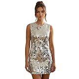 Women Sequin Dress Sparkly Glitter Sleeveless Shift Dress Cocktail Disco Outfit Party Club Night Out Dresses(Silver,S)