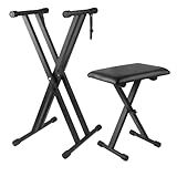 Bazayona Keyboard Stand Piano Bench Set, Double X Adjustable Keyboard Stand Piano Stand with Lockable Straps, (Piano Keyboard Stand x 1, Piano Bench x 1), (7 Adjustable Heights), Black