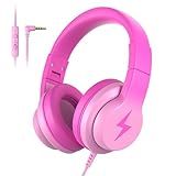 Candy Bila Kids Headphones, Wired Headphones for Kids Over Ear with Microphone, 85/94dB Volume Limiter Headphone for Girls Boys, Foldable Headphone for Learning & Entertainment, Gradient Deep Pink