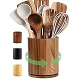 gorsent Wooden Utensil Holder, 360°Rotating 7.3'' Large Utensil Holder for Kitchen Counter, Kitchen Utensil Organizer, Utensil Crock, Farmhouse Kitchens Countertop Decor, Acacia Wood