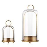 5" & 4" Wide Versatile Metal Candle Holder in Antique Brass with Handmade Thick, Heavy & Sturdy Glass Dome for Pillar Candle, Industrial, Modern, Shelf, Mantel, Veranda, Porch (Brass, Large & Small)