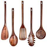 Wooden Utensils for Cooking, 5Pcs Natural Teak Wood Kitchen Utensils Set, Non-Stick Wooden Cooking Utensils Set, Heat-Resistant Kitchen Tool Set with Wood Spoon, Spatula, Pasta Server, Skimmer