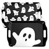 JarThenaAMCS 4 Pcs Halloween Ghost Serving Tray Black White Cute Ghost Handled Melamine Board Trick or Treat Serving Platter for Home Party Food Supplies
