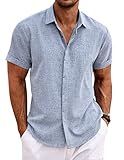 COOFANDY Men's Linen Shirt Casual Shirts Short Sleeve Shirts Button Down Linen Beach Shirts for Men Summer Outfit Light Denim Blue