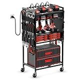 JUNNUJ Large Power Tool Organizer Cart with Charging Station, Garage Floor Standing Rolling Drill and Tools Battery Storage Cart on Wheels, Heavy Duty Rack Shelf with 8 Outlet 10 FT Power Strip, Black