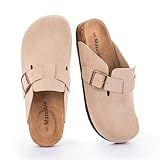 mazeskin Genuine Leather Orthopedic Clogs Slippers for Women with Comfortable Arch Support, Vegan Suede Upper, Orthotic Footbed for Plantar Fasciitis Relief,Taupe US8