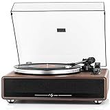 1 BY ONE High Fidelity Belt Drive Turntable with Built-in Speakers, Vinyl Record Player with Magnetic Cartridge, Wireless Playback and Aux-in Functionality, Auto Off