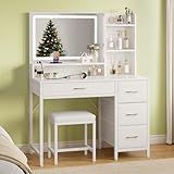 Greenstell Vanity Desk with Mirror and Lights, Makeup Vanity Table with Upholstered Stool, 4 Drawers & 3 Storage Shelves, Power Outlet, 3 Adjustable Lighting Modes for Bedroom and Dressing Room, White