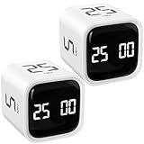 Rotating Pomodoro Timer 5, 25, 10 50 Minutes Preset, Desk Productivity Flip Timer, Cube Countdown Stopwatch for ADHD, Vibration/High/Low Volume, for Work, Study, Back to School, Kitchen, 2 White