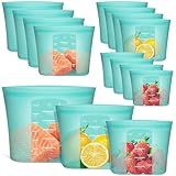 Annaklin Reusable Food Bags, 12 Pack 100% Silicone Food Storage Bags Stand Up Zip Lock Container, Freezer Microwave Oven Dishwasher Safe, 4 Medium 4 Small 4 Extra Small, Aqua