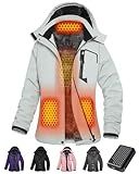 Women Puffer Graphene Heated Jacket Battery Pack Charger Ladies Electric Warming Coat USB Ski Heating Apparel Clothes Rain Snowboard Puffer Snow Insulated Softshell Warm Outerwear Suit Grey White