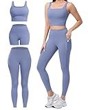 SALSPOR 3 Piece Workout Sets for Women High Waisted Leggings with Pockets Tummy Control Biker Shorts Yoga Sports Bra(3YFTZ-Grayish Blue-M)