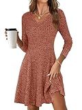 ANRABESS Women Long Sleeve Ribbed Knit Short Dresses 2025 Fall Winter V Neck Casual Swing A Line Sweater Dress Caramel Small