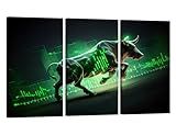 LSIUHWUWI Modern Wall Decor 3 Panel Green Bull Market Wall Art for Living Room Office Wall Decor Uptrend Stock Market Painting Print on Canvas Stretched and Framed Ready to Hang - 60x40 Inches
