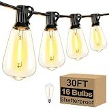 Brightever 30FT LED Outdoor String Light with 16 ST38 Vintage Edison Shatterproof Bulbs, Commercial Grade Patio Lights Connectable, Waterproof Hanging Lights for Balcony, Backyard, Warm White