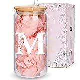 Personalized Gifts for Women, Monogrammed Glass Cups with Lids and Straws, Custom Tumbler, Cute Customized Mug, Aesthetic Stuff, Initial Iced Coffee Cup, Drinking Glasses, Birthday Teacher Gifts, M