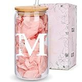 Personalized Gifts for Women, Monogrammed Glass Cups with Lids and Straws, Custom Tumbler, Cute Customized Mug, Aesthetic Stuff, Initial Iced Coffee Cup, Drinking Glasses, Birthday Teacher Gifts, M