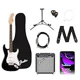 Fender Squier Debut Series Stratocaster Electric Guitar Kit, Beginner Guitar Kit, with 2-Year Warranty, with Padded Gig Bag, Frontman 10G Amp, Strap, and More, Includes Free Lessons, Black