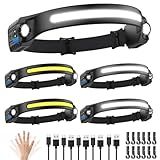 Headlamp Rechargeable 5Pack, 230° Wide Beam Head Lamp with 2 Spotlights, LED Headlamp with Motion Sensor, 5Mode Rechargeable Headlamp, Head Lights for Forehead, Headlamps for Adults Running Hard Hat