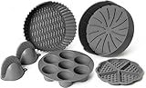 EM Set of 5 Silicone Air Fryer Liners with Egg Bite Mold, Waffle Mold & Mitts - 7.5” Round Reusable Silicone Inserts for 3-5 Qt Airfryers - Easy to Clean & Heat-Resistant Air Fryer Accessories Set