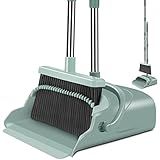 kelamayi Upgrade Broom and Dustpan Set, Large Size and with Long Handle, Upright,Ideal for Indoor Outdoor Garage Kitchen Room Office Lobby Use (Green)