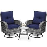 wildformers Luxury Outdoor Swivel Wicker Glider Patio Chairs with Table Set, Overstuffed Washable Cushions, Ideal for Porch, Balcony, Deck, Grey Rattan and Blue Cushion