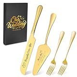 Personalized Wedding Cake Knife and Server Set, Wedding Gold Cake Cutting Set with Stainless Steel Forks, Customized Bridal Anniversary Birthday Wedding Registry Gifts for Couple (Non-customized)