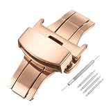 HARFINGTON Stainless Steel Deployment Clasp, 18mm Butterfly Folding Buckle with Spring Bars and Removal Tool for Leather Watch Band, Rose Gold